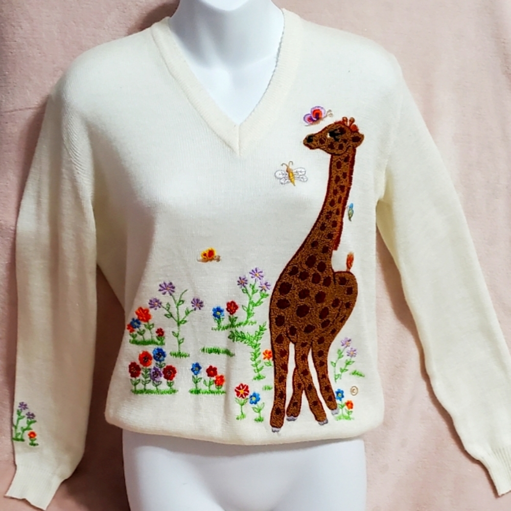 Vintage 70s Embroidered Giraffe Sweater Shirlee Designs Sz M